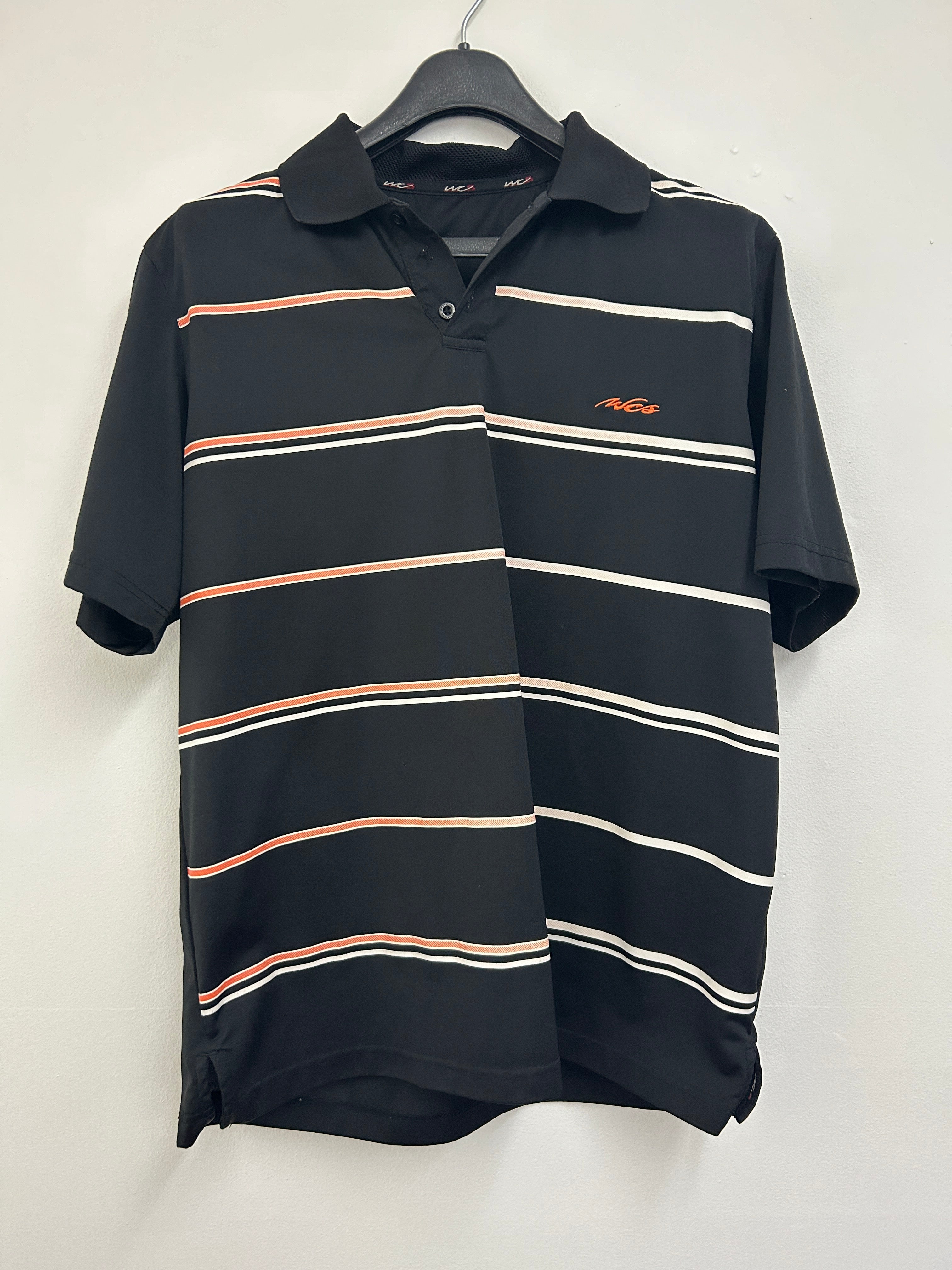 polo-a-rayures-noires-orange-et-blanches
