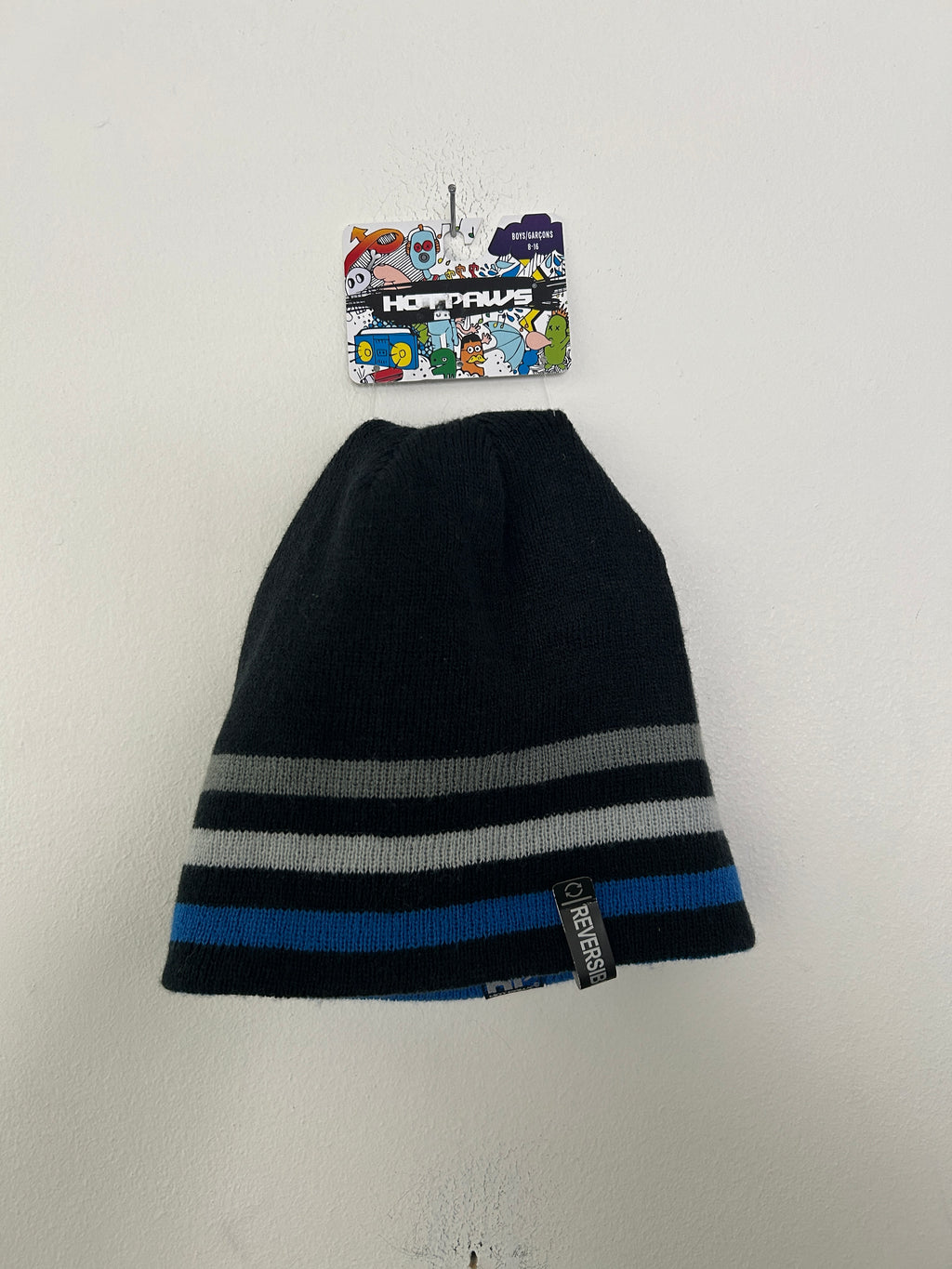 Tuque réversible noire et bleue à rayures – Hot Paws