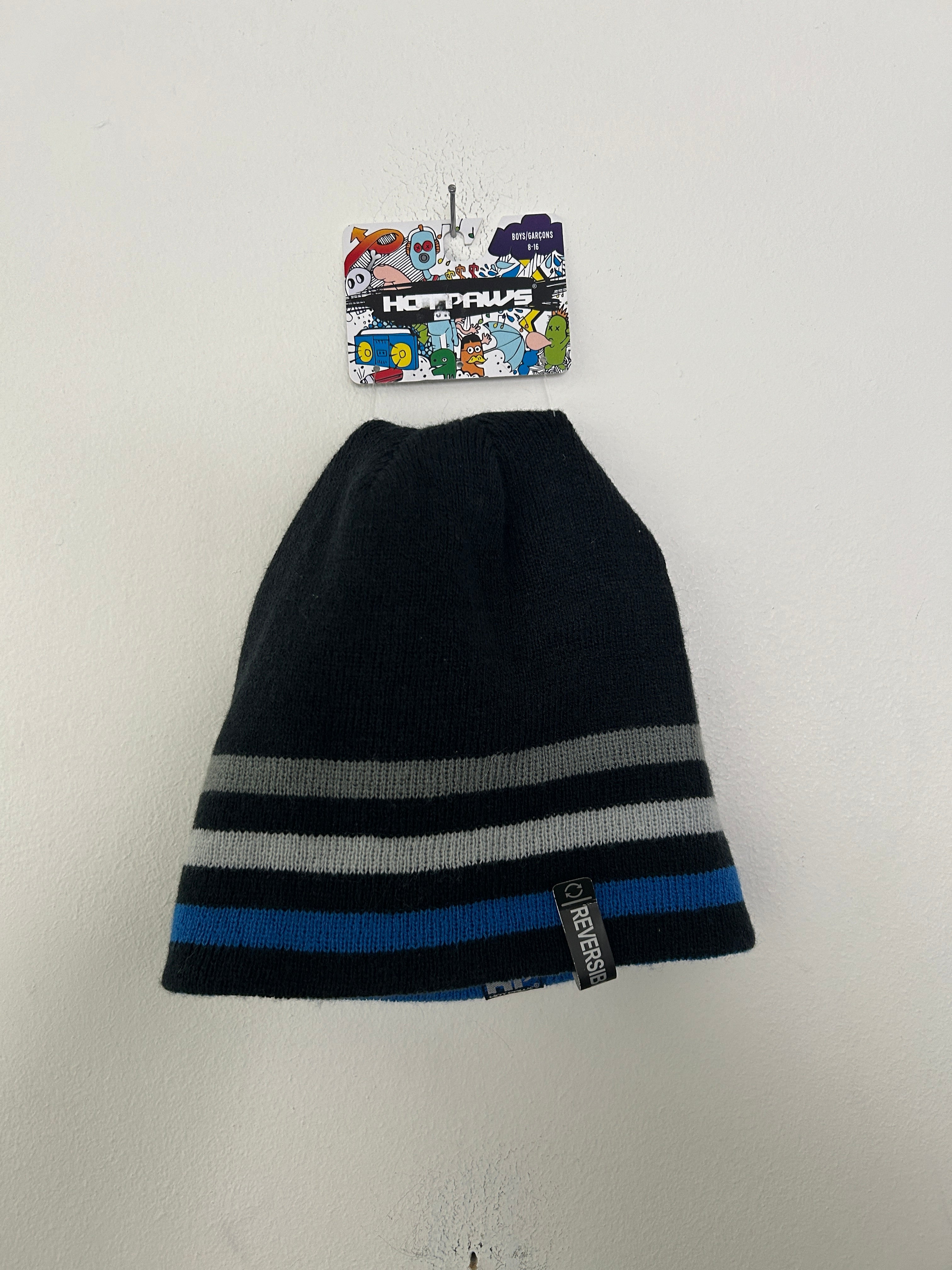 Tuque réversible noire et bleue à rayures – Hot Paws